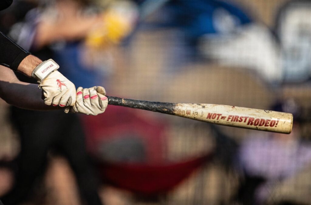 Close-up of Drakon batting gloves gripping a well-worn bat