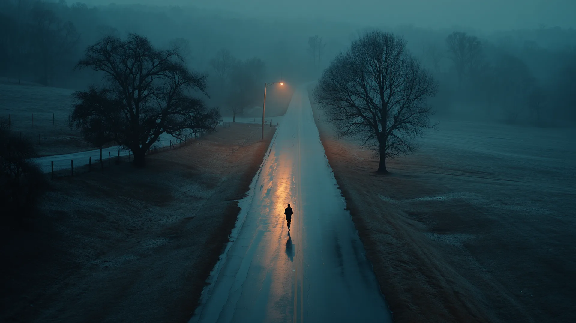 Lone athlete running a foggy pre-dawn road under a single streetlamp — train when no one's watching