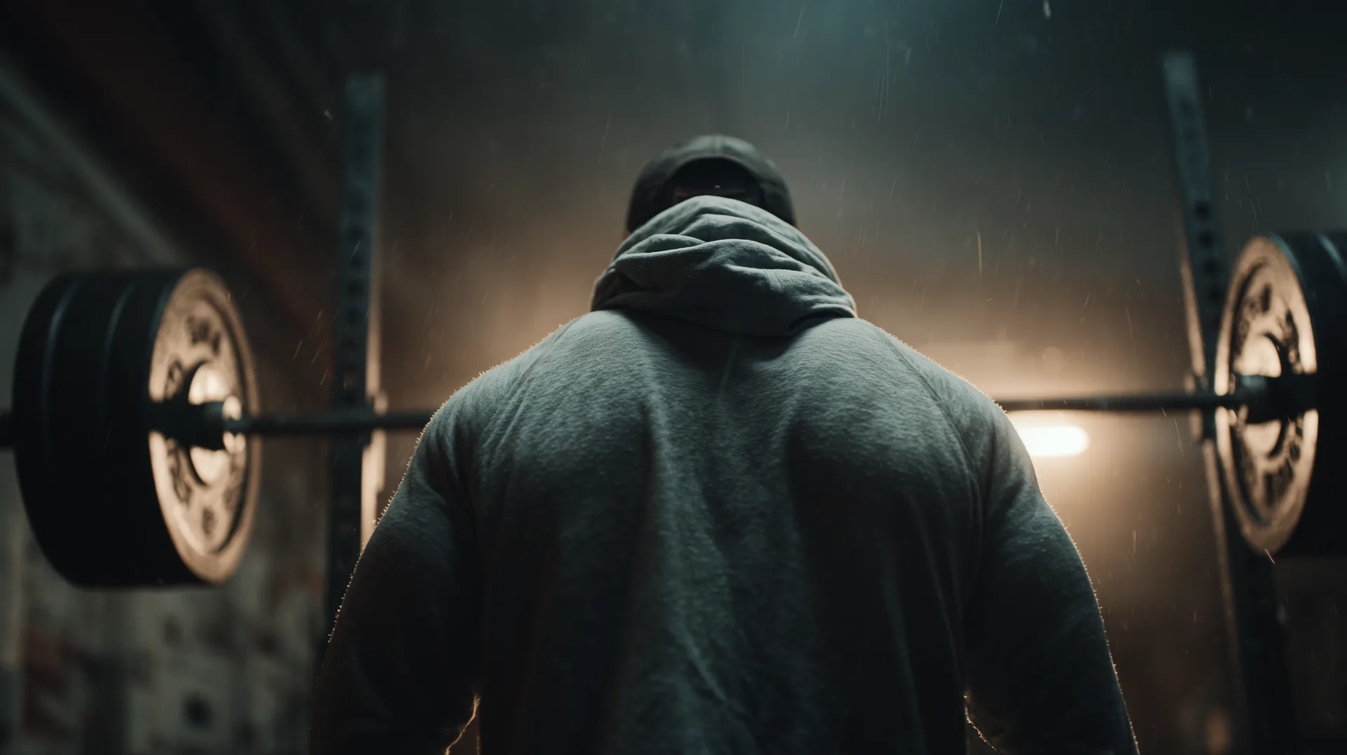Athlete from behind under a loaded squat bar in a dim gym, dust in the light — wear the warrior